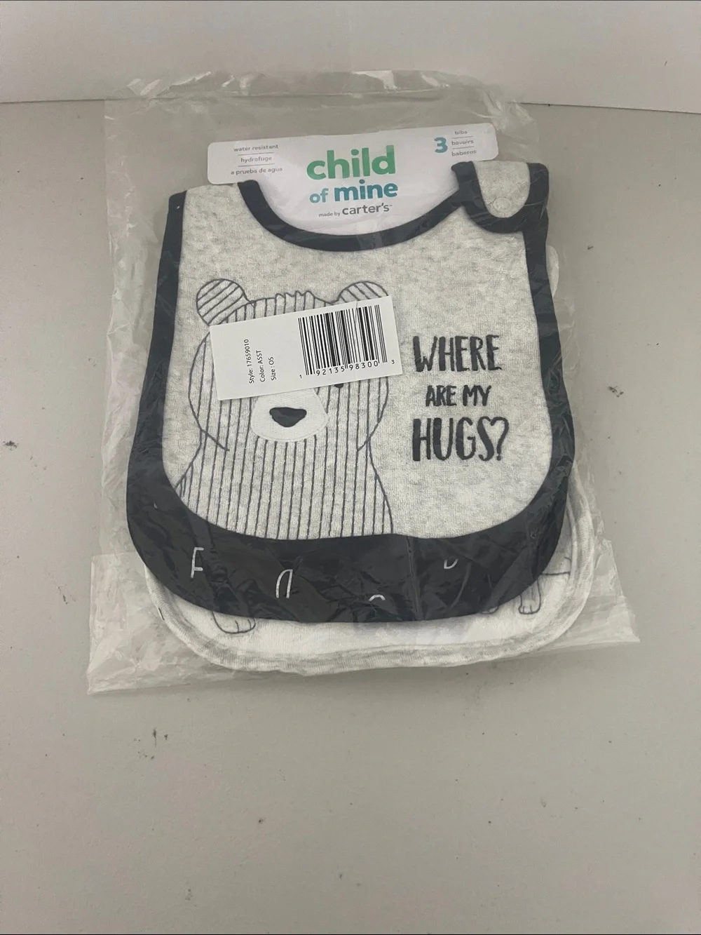 child of mine Gray and Black Bear Bib Set with 3 bibs. NEW